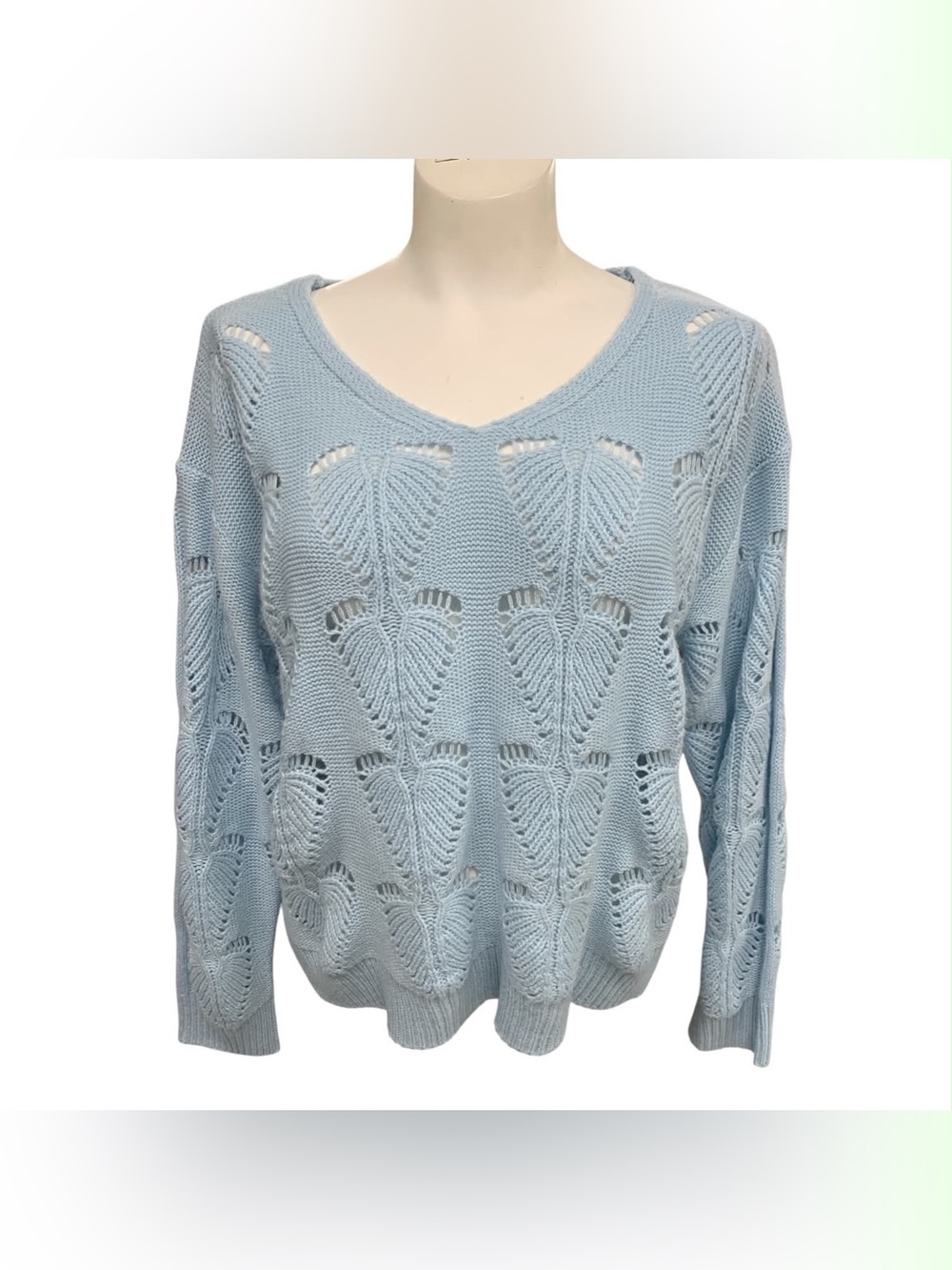 Light Blue V-Neck Open Knit Sweater Size M